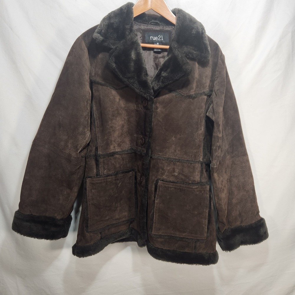 Rue 21 Womens Genuine Leather Suede Faux Fur Trimmed Jacket Size Medium Brown